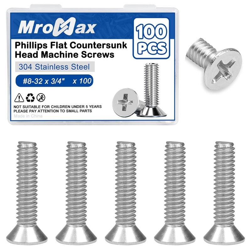 MroMax 100Pcs #8-32 x 3/4" Phillips Flat Head Machine Screws, 304 Stainless Steel(18-8), UNC Coarse Thread, Countersunk Head Machine Screws, Phillips Drive #2 - Image 1